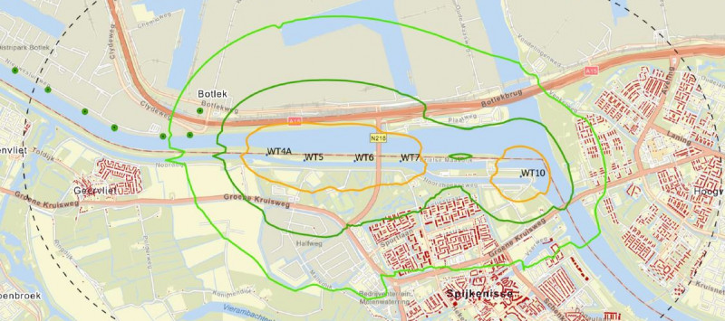 plattegrond hartelkanaal met geluidscontouren