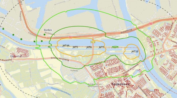 plattegrond hartelkanaal met geluidscontouren